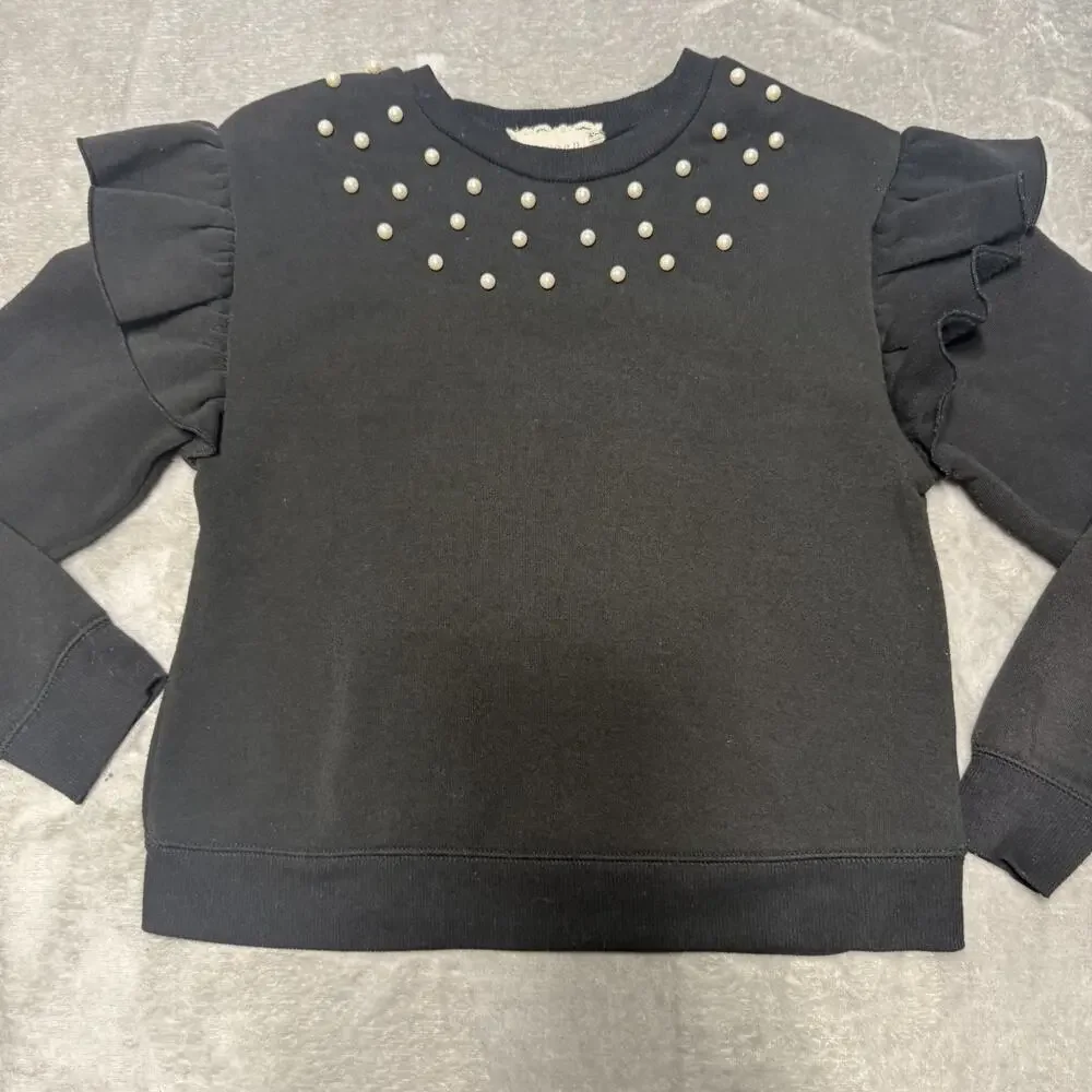 Btween Girls Sweatshirt Size 10 Black Pearl Stud Ruffle Sleeve Pullover